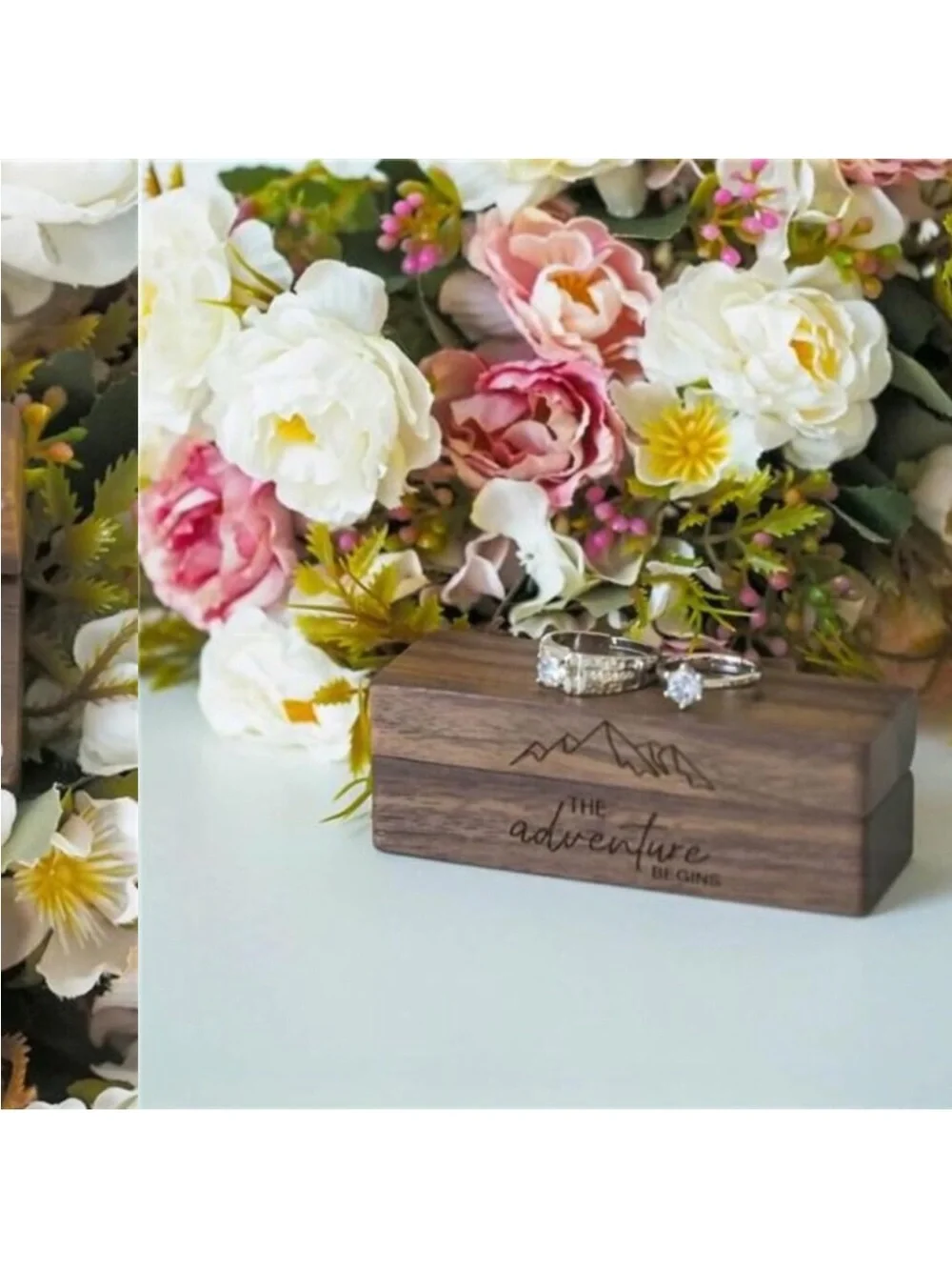Engraved Flip Wooden 2 Ring box for wedding -Rustic Vintage Solid Wood rectangle